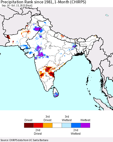 Southern Asia Precipitation Rank since 1981, 1-Month (CHIRPS) Thematic Map For 9/16/2023 - 10/15/2023