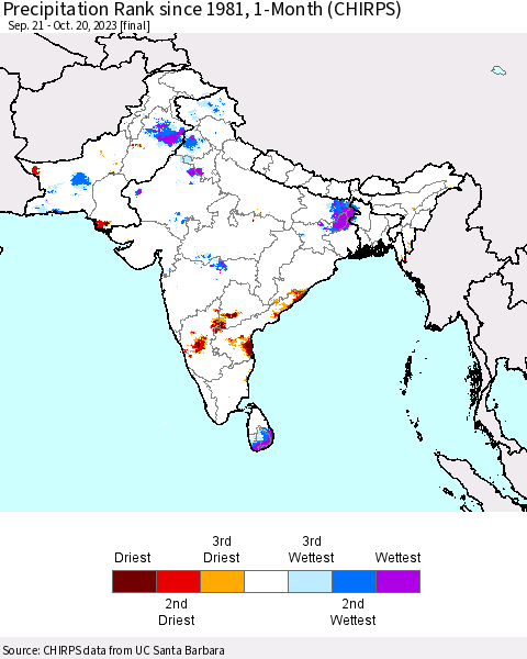 Southern Asia Precipitation Rank since 1981, 1-Month (CHIRPS) Thematic Map For 9/21/2023 - 10/20/2023