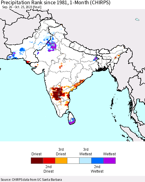 Southern Asia Precipitation Rank since 1981, 1-Month (CHIRPS) Thematic Map For 9/26/2023 - 10/25/2023