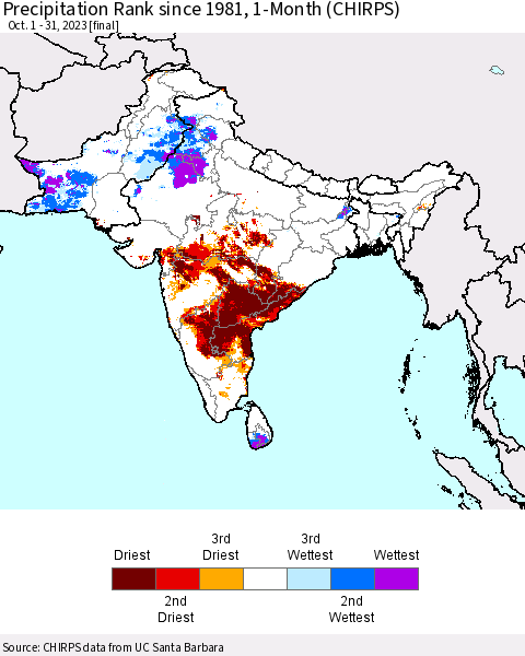 Southern Asia Precipitation Rank since 1981, 1-Month (CHIRPS) Thematic Map For 10/1/2023 - 10/31/2023