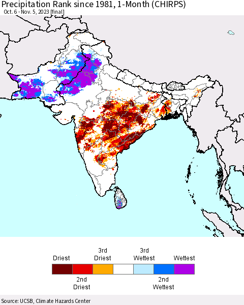 Southern Asia Precipitation Rank since 1981, 1-Month (CHIRPS) Thematic Map For 10/6/2023 - 11/5/2023