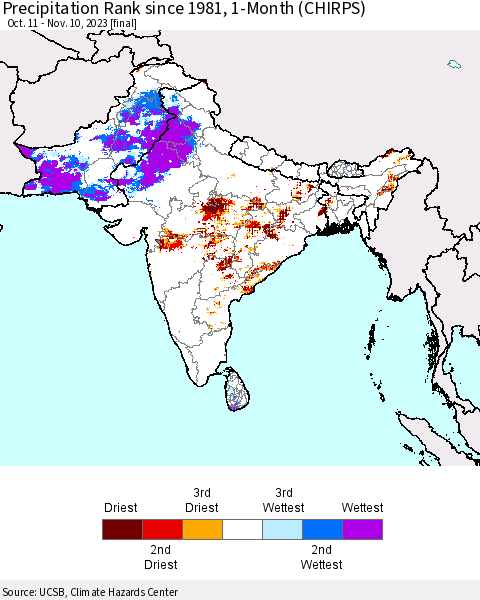 Southern Asia Precipitation Rank since 1981, 1-Month (CHIRPS) Thematic Map For 10/11/2023 - 11/10/2023