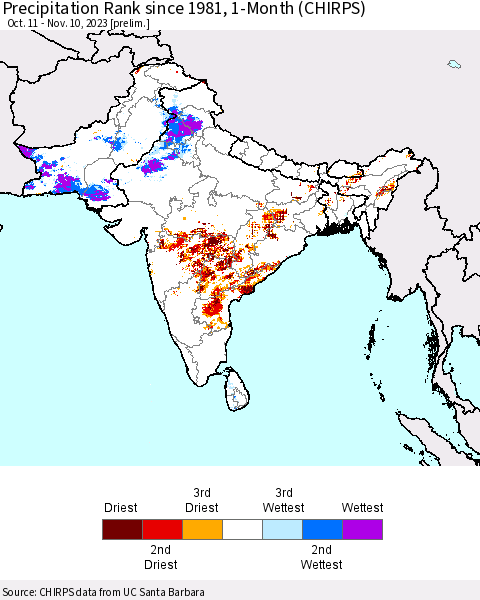 Southern Asia Precipitation Rank since 1981, 1-Month (CHIRPS) Thematic Map For 10/11/2023 - 11/10/2023