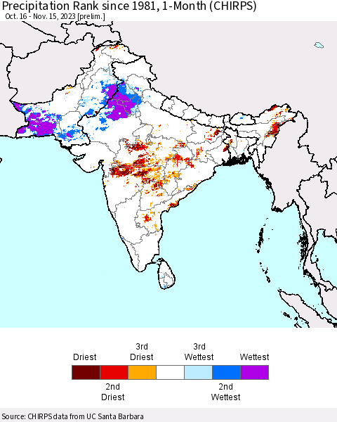 Southern Asia Precipitation Rank since 1981, 1-Month (CHIRPS) Thematic Map For 10/16/2023 - 11/15/2023