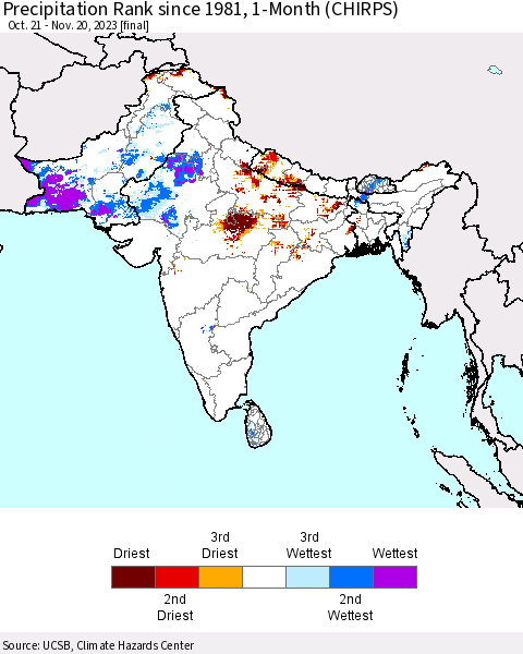 Southern Asia Precipitation Rank since 1981, 1-Month (CHIRPS) Thematic Map For 10/21/2023 - 11/20/2023