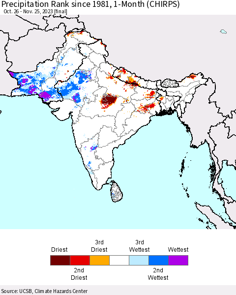 Southern Asia Precipitation Rank since 1981, 1-Month (CHIRPS) Thematic Map For 10/26/2023 - 11/25/2023