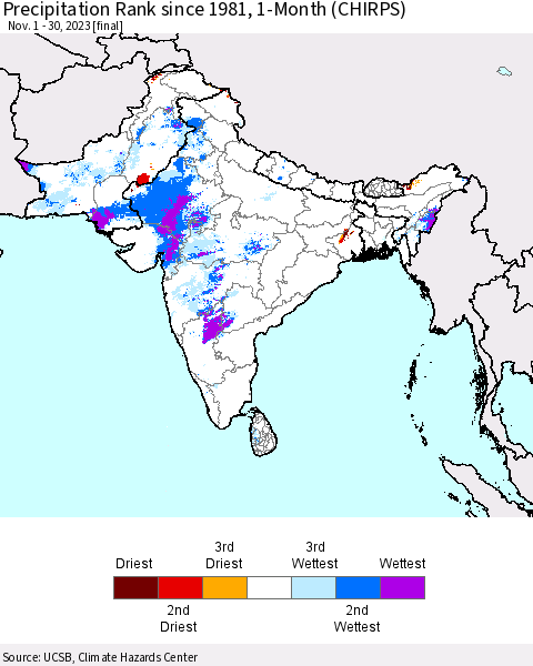 Southern Asia Precipitation Rank since 1981, 1-Month (CHIRPS) Thematic Map For 11/1/2023 - 11/30/2023