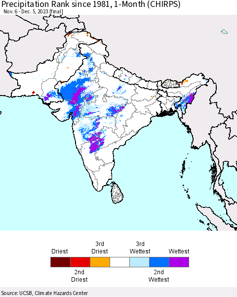 Southern Asia Precipitation Rank since 1981, 1-Month (CHIRPS) Thematic Map For 11/6/2023 - 12/5/2023