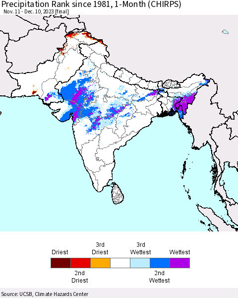 Southern Asia Precipitation Rank since 1981, 1-Month (CHIRPS) Thematic Map For 11/11/2023 - 12/10/2023