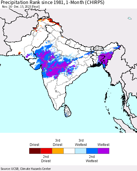 Southern Asia Precipitation Rank since 1981, 1-Month (CHIRPS) Thematic Map For 11/16/2023 - 12/15/2023