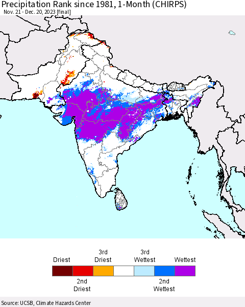 Southern Asia Precipitation Rank since 1981, 1-Month (CHIRPS) Thematic Map For 11/21/2023 - 12/20/2023