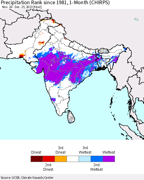 Southern Asia Precipitation Rank since 1981, 1-Month (CHIRPS) Thematic Map For 11/26/2023 - 12/25/2023