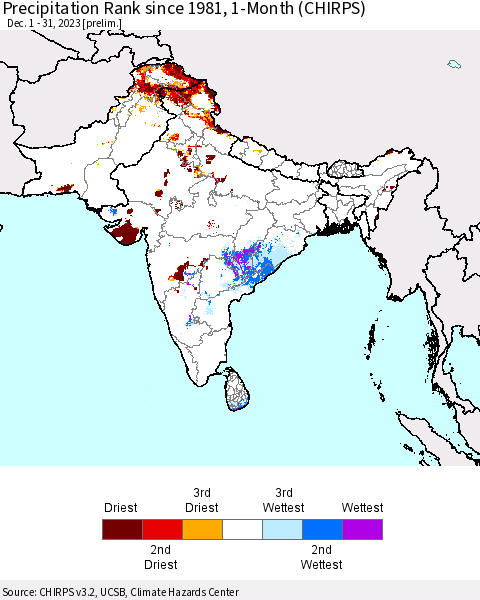 Southern Asia Precipitation Rank since 1981, 1-Month (CHIRPS) Thematic Map For 12/1/2023 - 12/31/2023