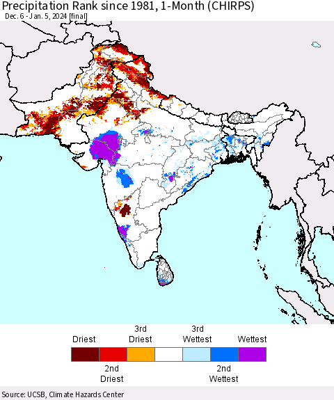 Southern Asia Precipitation Rank since 1981, 1-Month (CHIRPS) Thematic Map For 12/6/2023 - 1/5/2024