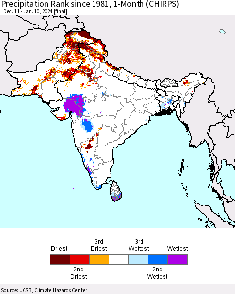 Southern Asia Precipitation Rank since 1981, 1-Month (CHIRPS) Thematic Map For 12/11/2023 - 1/10/2024