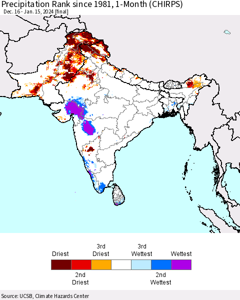 Southern Asia Precipitation Rank since 1981, 1-Month (CHIRPS) Thematic Map For 12/16/2023 - 1/15/2024
