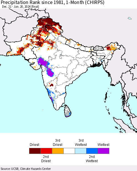 Southern Asia Precipitation Rank since 1981, 1-Month (CHIRPS) Thematic Map For 12/21/2023 - 1/20/2024