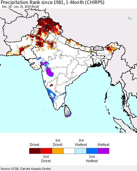 Southern Asia Precipitation Rank since 1981, 1-Month (CHIRPS) Thematic Map For 12/26/2023 - 1/25/2024