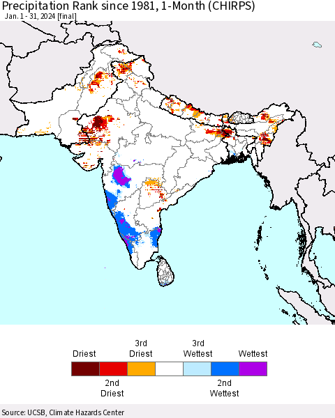 Southern Asia Precipitation Rank since 1981, 1-Month (CHIRPS) Thematic Map For 1/1/2024 - 1/31/2024