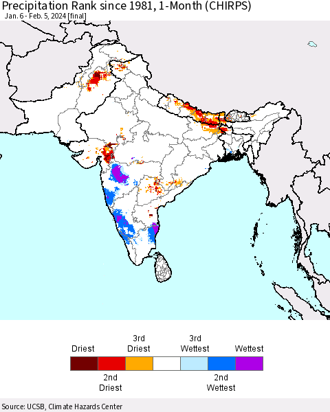 Southern Asia Precipitation Rank since 1981, 1-Month (CHIRPS) Thematic Map For 1/6/2024 - 2/5/2024