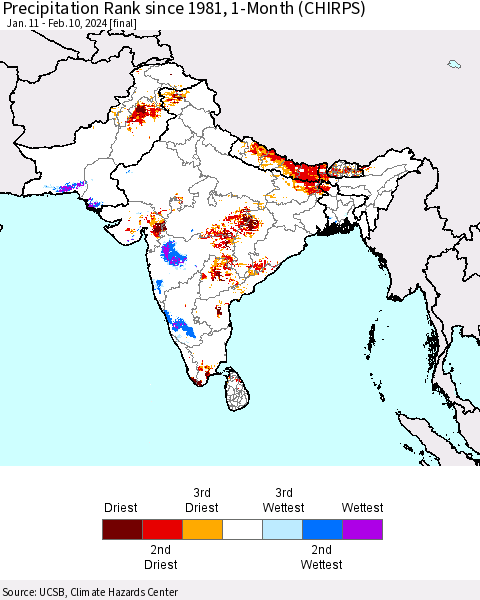 Southern Asia Precipitation Rank since 1981, 1-Month (CHIRPS) Thematic Map For 1/11/2024 - 2/10/2024