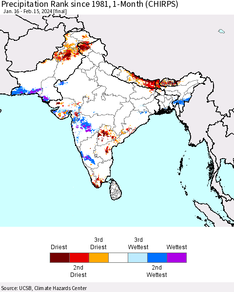 Southern Asia Precipitation Rank since 1981, 1-Month (CHIRPS) Thematic Map For 1/16/2024 - 2/15/2024