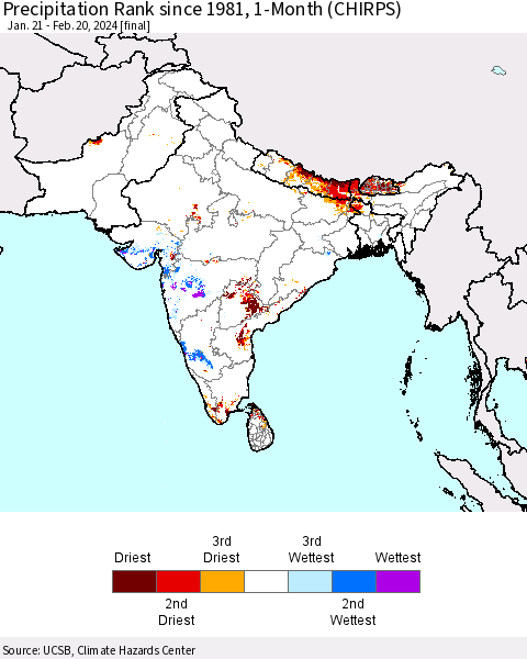 Southern Asia Precipitation Rank since 1981, 1-Month (CHIRPS) Thematic Map For 1/21/2024 - 2/20/2024