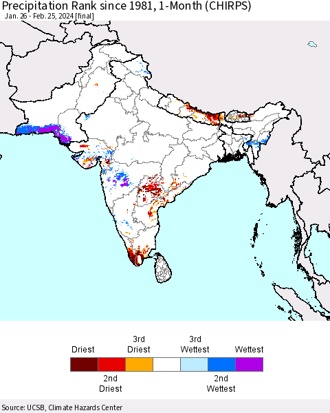 Southern Asia Precipitation Rank since 1981, 1-Month (CHIRPS) Thematic Map For 1/26/2024 - 2/25/2024