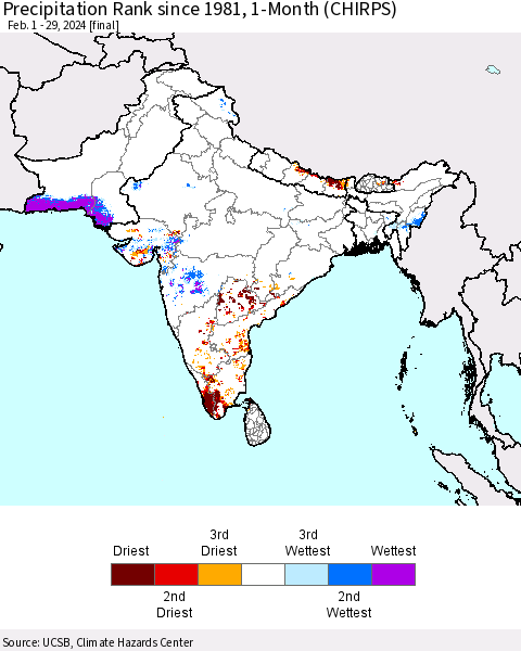 Southern Asia Precipitation Rank since 1981, 1-Month (CHIRPS) Thematic Map For 2/1/2024 - 2/29/2024
