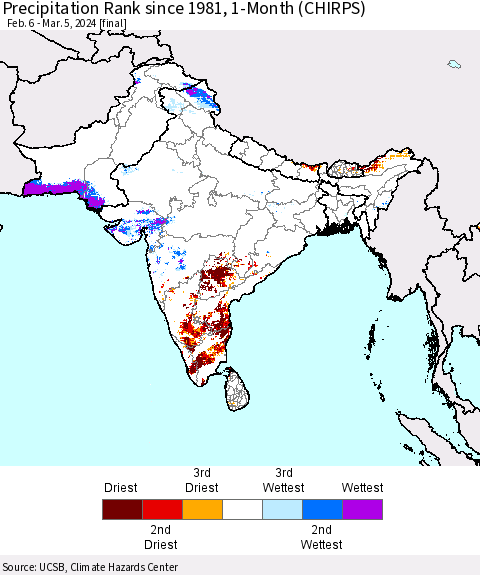 Southern Asia Precipitation Rank since 1981, 1-Month (CHIRPS) Thematic Map For 2/6/2024 - 3/5/2024