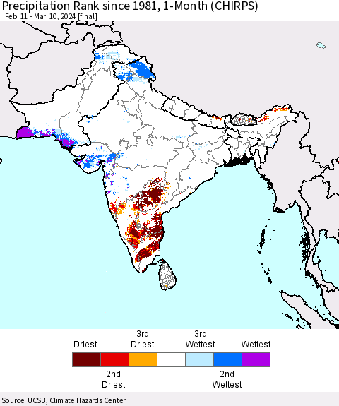 Southern Asia Precipitation Rank since 1981, 1-Month (CHIRPS) Thematic Map For 2/11/2024 - 3/10/2024