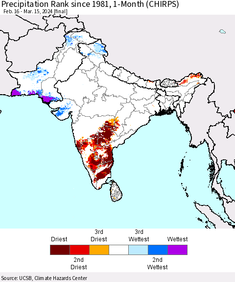 Southern Asia Precipitation Rank since 1981, 1-Month (CHIRPS) Thematic Map For 2/16/2024 - 3/15/2024