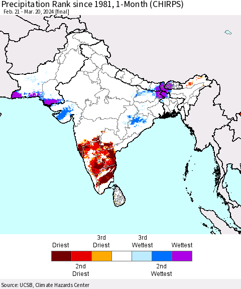 Southern Asia Precipitation Rank since 1981, 1-Month (CHIRPS) Thematic Map For 2/21/2024 - 3/20/2024