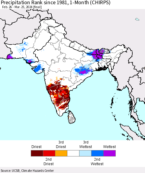 Southern Asia Precipitation Rank since 1981, 1-Month (CHIRPS) Thematic Map For 2/26/2024 - 3/25/2024