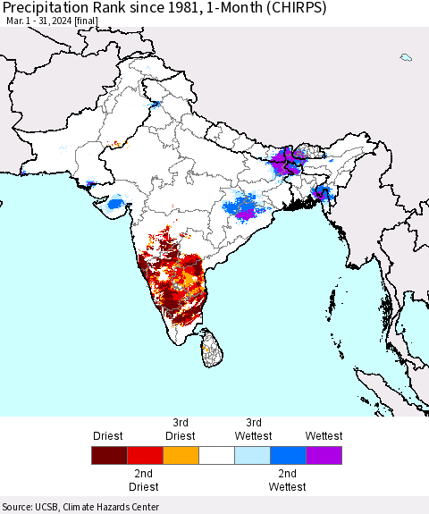 Southern Asia Precipitation Rank since 1981, 1-Month (CHIRPS) Thematic Map For 3/1/2024 - 3/31/2024