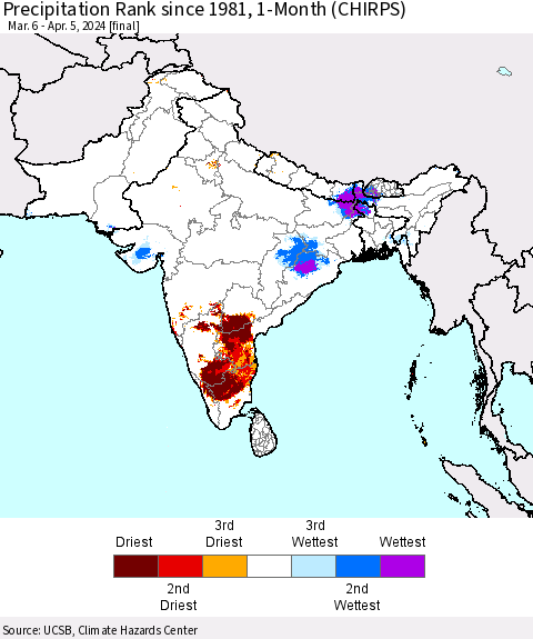 Southern Asia Precipitation Rank since 1981, 1-Month (CHIRPS) Thematic Map For 3/6/2024 - 4/5/2024