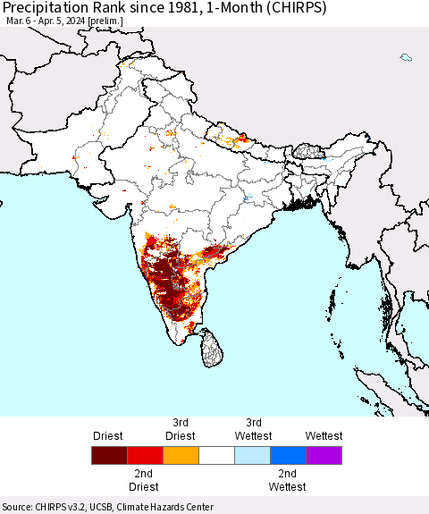 Southern Asia Precipitation Rank since 1981, 1-Month (CHIRPS) Thematic Map For 3/6/2024 - 4/5/2024