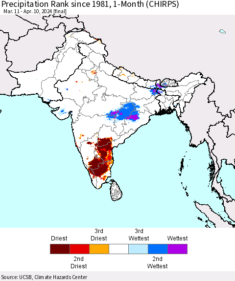 Southern Asia Precipitation Rank since 1981, 1-Month (CHIRPS) Thematic Map For 3/11/2024 - 4/10/2024