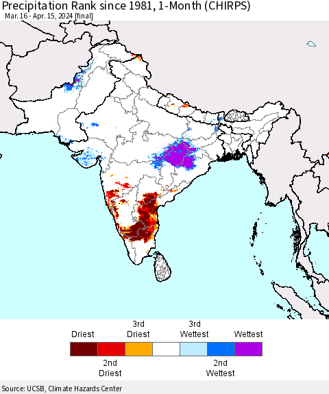 Southern Asia Precipitation Rank since 1981, 1-Month (CHIRPS) Thematic Map For 3/16/2024 - 4/15/2024