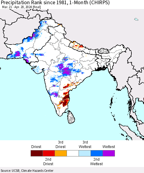 Southern Asia Precipitation Rank since 1981, 1-Month (CHIRPS) Thematic Map For 3/21/2024 - 4/20/2024