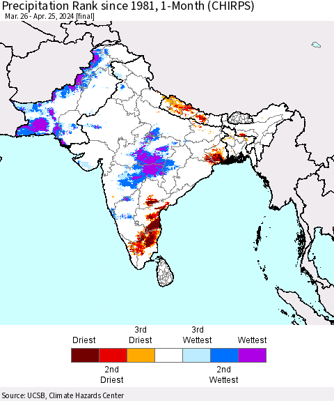 Southern Asia Precipitation Rank since 1981, 1-Month (CHIRPS) Thematic Map For 3/26/2024 - 4/25/2024