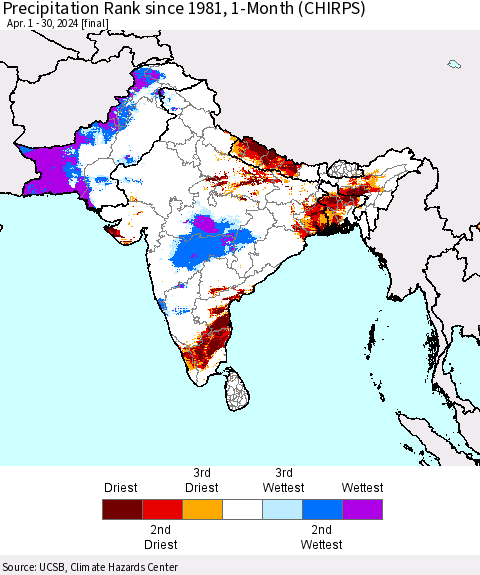 Southern Asia Precipitation Rank since 1981, 1-Month (CHIRPS) Thematic Map For 4/1/2024 - 4/30/2024