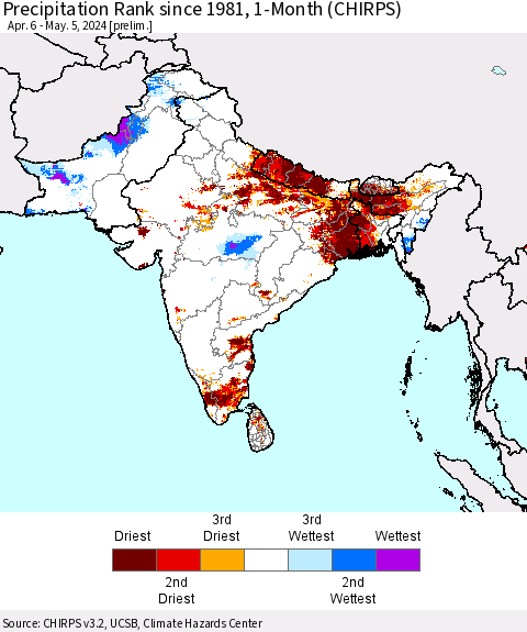 Southern Asia Precipitation Rank since 1981, 1-Month (CHIRPS) Thematic Map For 4/6/2024 - 5/5/2024