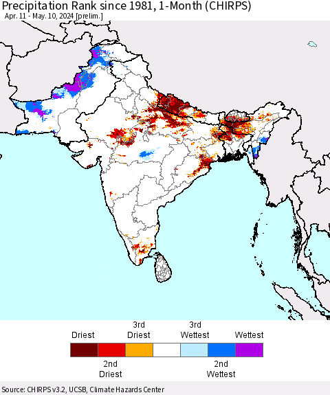Southern Asia Precipitation Rank since 1981, 1-Month (CHIRPS) Thematic Map For 4/11/2024 - 5/10/2024
