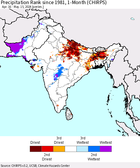 Southern Asia Precipitation Rank since 1981, 1-Month (CHIRPS) Thematic Map For 4/16/2024 - 5/15/2024
