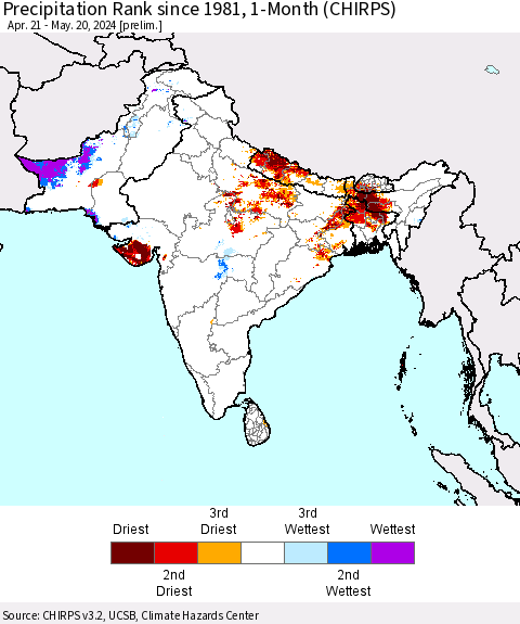 Southern Asia Precipitation Rank since 1981, 1-Month (CHIRPS) Thematic Map For 4/21/2024 - 5/20/2024