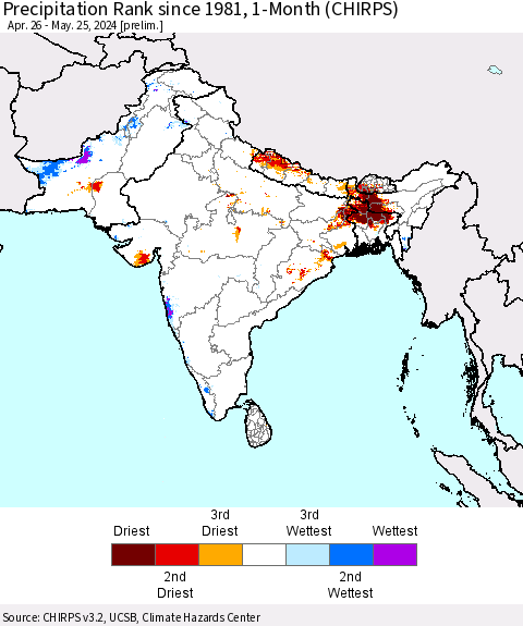 Southern Asia Precipitation Rank since 1981, 1-Month (CHIRPS) Thematic Map For 4/26/2024 - 5/25/2024