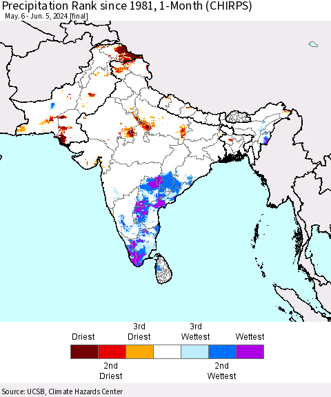 Southern Asia Precipitation Rank since 1981, 1-Month (CHIRPS) Thematic Map For 5/6/2024 - 6/5/2024