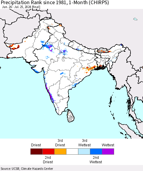 Southern Asia Precipitation Rank since 1981, 1-Month (CHIRPS) Thematic Map For 6/26/2024 - 7/25/2024