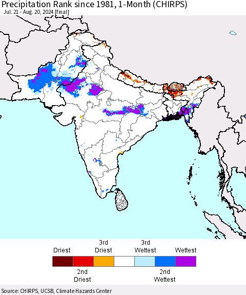 Southern Asia Precipitation Rank since 1981, 1-Month (CHIRPS) Thematic Map For 7/21/2024 - 8/20/2024